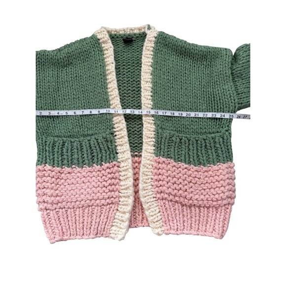 Saachi Anthropologie Bella Cardigan Chunky Sweater Green Pink Pockets One-Size - Picture 7 of 8